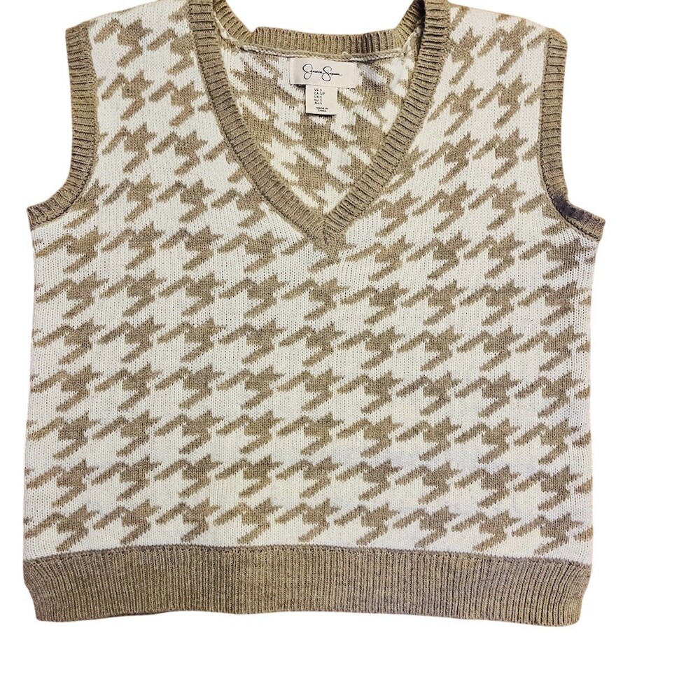 Jessica Simpson Sweater Vest Womens S Tan Ivory Houndstooth V-Neck